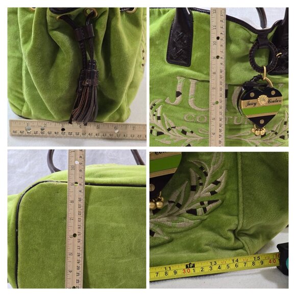 Y2K Juicy Couture Green Velvet Tote Bag With Black Leather Handles & Gold Accent - Picture 11 of 13